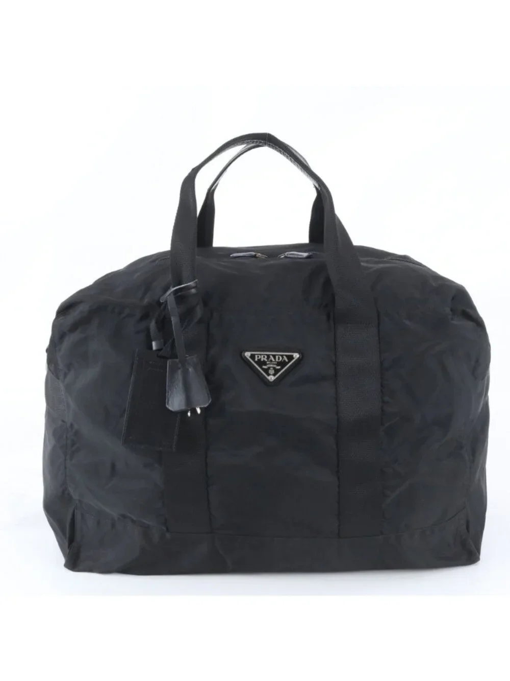 Prada Tessuto Nylon Triangle Logo Leather Boston Bag Tote Black